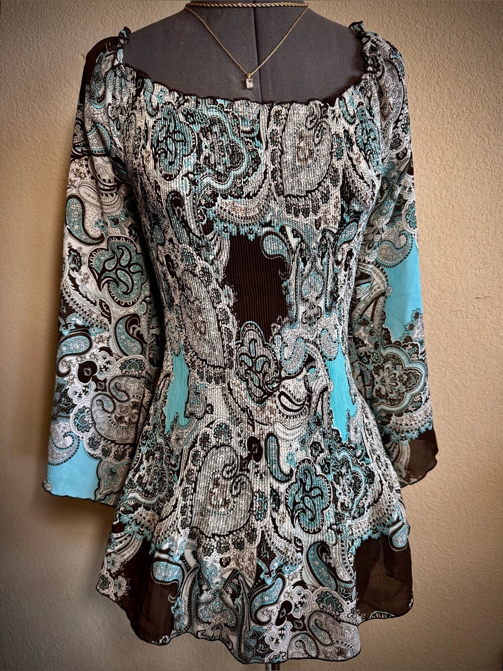 Vintage 90s Paisley Cato Pleated Blue Brown Blouse Top 18 - 20 W